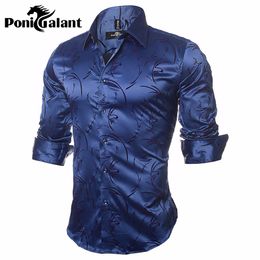 Wholesale- PoniGalant High Quality Silk & Cotton Men Shirts Fashion Long Sleeve Brand Printed Male Clothing Plus Size M-5XL