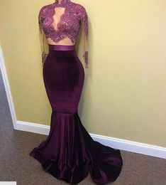 Velvet Two Pieces Real Image Prom Dresses Beaded Sheer Appliques Long Sleeves Mermaid Evening Gowns Arabic Vestidos Celebrity Party Dress
