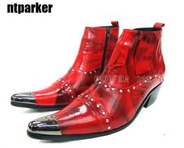 ITALY Type Fashion boots man genuine leather Short boots Red & Black Pointed steel-toed Motorcycle Biker Boots Men, Big Sizes US6-12