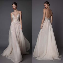 nude collar dress UK - sexy blush evening dresses 2017 muse berta bridal spagetti deep sweetheart heavily embellished bodice tulle skirt open low back