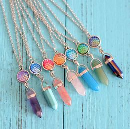 Fashion Mermaid scale Stone Necklace Jewellery Hexagon Prism Healing Crystal charms Amethyst Rose Quartz Chakra Necklace