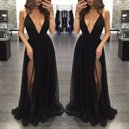 Deep V-neck Black Super Sexy Evening Dress Fashion Side Split Thin Straps Criss-Cross Backless Prom Gown Party Dress