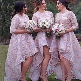 Gorgeous Lilac High Low Bridesmaid Dresses Jewel Neck 3/4 Sleevels Lace Appliques Organza Short Front Long Back Bridesmaids Gowns Custom