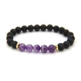 New Arrival Stone Jewelry Wholesale 8mm Rock Lava Stone with Natural Purple Crystal Beads Bracelets Party Gift