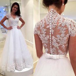 Stunning Lace Ball Gown Wedding Dresses White V-Neck Pleats Tulle Sweep Train Pleats Tulle with Applique Buttons Back Bridal Gowns