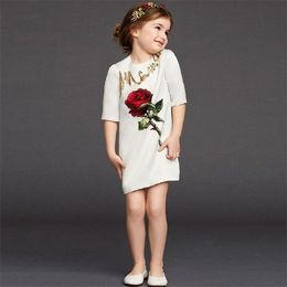 2017 New Spring Girls Princess Dress Round Collar Sequins Rose Embroidery Dress Half Sleeve Air Cotton Children Clothing Kids Dresses White