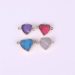 10PCS Wholesale 4Colors Natural Blue Druzy Agate Gems Heart Shape Pendants Double Bail Link Raw Drusy Quartz Plated Gold Connector Charms