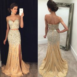 Two Piece Split Mermaid Prom Dresses Sweetheart Crystal Beaded Tulle Floor Length Champagne Backless Women Evening Dress Bling Pageant Dress