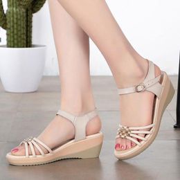 Genuine leather wedge rhinestone sandals spring summer women's diamond sandals sexy open toe shoes plus size 35-43