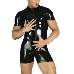 Men's Flexible Bodysuit Male Sexy Black Leotard Zipper Catsuit Short Sleeves Jumpsuit Nightclub Bar Clubwear Costume