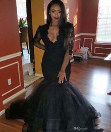 Sexy Deep V-Neck Mermaid Black Prom Dresses Sequined Long Sleeve graduation party dresses Women Lace Evening Party Dresses Custom Made Puffy