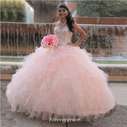 Sexy Pink Long Quinceanera Dress Ball Gown Beaded Crystals Formal Sweet 16 Wear Special Occasion Dress Party Gown Plus Size