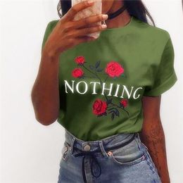 Large Stock 2017 Summer Hot Sale Rose Flower Print For Women NOTHING Letter Printing Blouse Female Short Sleeve Cotton T-shirt XS-2XL