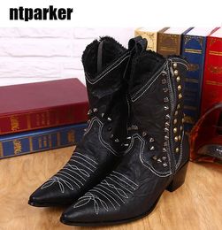 Size 38-46 Handmade Leather Boots Man Handsome Cowboy Boots Black with Rivets Pionted Toe Motorcycle Boots Man Cool