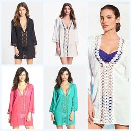 Bikini Cover Ups Hollow Out Fashion Blouse Women Deep V-Neck Wrap Sexy Beach Dress Lace Floral Beachwear Crochet Poncho Playsuits D497