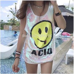 sexy club women stage dresses smiling face short loos sequined girl hip hop clothing costumes loose dress jazz dance