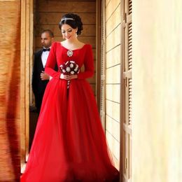 2017 Red Prom Dresses Long Sleeve party gowns Arabic Dubai Women Formal Evening Gowns Long A-Line Square Neckline Tulle Party Dress