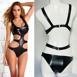 Black Sexy High Cut Bodysuit Backless Leotard Tops Women Lingerie Temptation Clubwear Costume Faux Leather Underwear