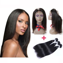 Pre Plucked Brazilian Straight Human Hair Weaves With 360 Lace Band Frontal Virgin Human Hair With Bady Hair 4pcs/lot