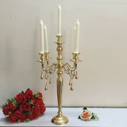 New Arrival Golden 5 Heads Candelabra Candle Holder With Pendant Table Wedding Centrepiece Party and Event Candlesticks Home Decoration