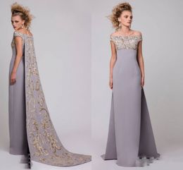 Saudi Arabic Of Shoulder Evening Dresses With Embroideried Long Train Grey Satin Sheath Prom Dresses Cape Style Formal Party Dress Vestidos