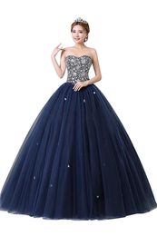 2017 Sexy Cheap Blue Ball Gown Quinceanera Dresses with Beaded Crystals Sweet 16 Dress Lace Up Floor Length vestido para debutante BM78
