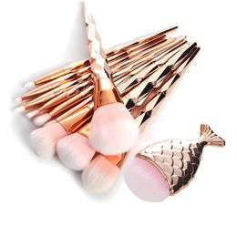 11pcs/set Mermaid Fish Tail Makeup Brushes Diamond Rose Gold Makeup Brush Set Foundation Powder Cosmetics Brush Rainbow Eyeshadow Brushes