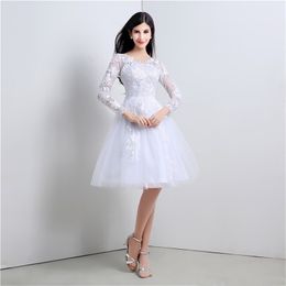 2017 Sexy Long Sleeve V-Neck Lace A-Line Wedding Dresses With Appliques Button Tulle Knee-Length Plus Size Wedding Party Bridal Gowns BW01