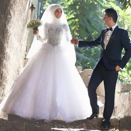 Modest Muslim A-Line Wedding Dresses High Neck Long Sleeves Luxury Crystals Embellished Tulle Bridal Gowns Sweep Train Custom Made