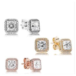 925 Sterling Silver Square Big CZ Diamond Earring Fit Pandora Jewellery Gold Rose Gold Plated Stud Earring Women Earrings