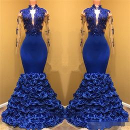 Abiti da sera a sirena per ragazze nere blu royal maniche lunghe applique in pizzo con collo a serratura abiti da ballo abiti da spettacolo con fiori di rosa 3D