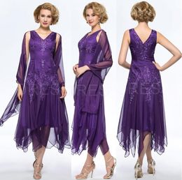 Purple Chiffon Tea-length Mother Of The Bride Dresses with Wrap V-neck A-Line Mother's Dress Formal Prom Dress