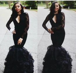 Black Lace Prom Dresses Long Sleeve Mermaid Evening Dresses Long Party Prom Gowns Keyhole Neckline African Black Girl Fitted Dresses