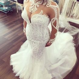 Long Sleeves Modest Mermaid Wedding Dresses Lace Appliqued High Neck Bridal Gowns Sweep Train Vestidos De Novia