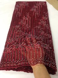 5 Yards/pc Hot sale wine french net lace fabric match rhinestone african mesh lace for dress CF15-1