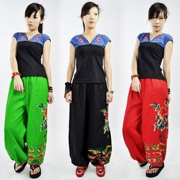 Chinese Traditional stage trousers Large size women casual pants folk style Flowers embroidered cotton Linen wide leg trousers