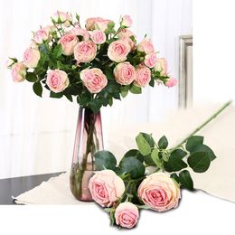 3Head Artificial Rose Real Touch Flower High Simulation Home Garden Decor Party Fake Flowers Wedding Decorations Multi Colours