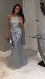 Stunning Sliver Crystal Mermaid Evening Formal Long Dresses Sheer Neck hollow Back Bling Bling Rhinestones Sequins Tulle Long Prom Dress