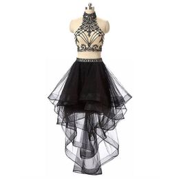 Champagne and Black Two Pieces Prom Dresses High Neck Halter Sleeveless Beaded Crop Top Ruffles Tulle Hi Low Evening Party Gowns Custom