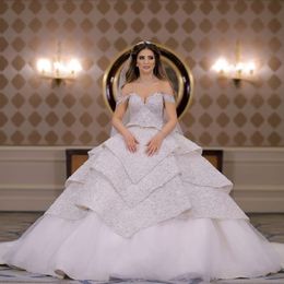 Princess Saudi Glamorous Wedding Gown Lace Appliques Beads Sequins Tiered Wedding Dress Fabulous Off Shoulder Ball Gown Wedding Dresses