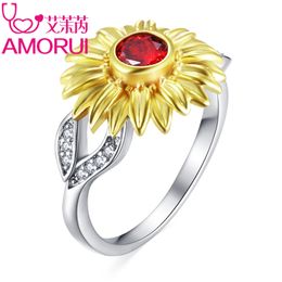 Cute Gold Sunflower Silver Plated Red/Purple CZ Birthday Stone Wedding Rings for Women Jewellery Drop Shipping Party Gift