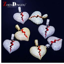 Solid Heart break Iced Out Necklace & Pendant With Tennis Chain Gold Colour Bling Cubic Zircon Men's Hip hop Jewellery For Gift