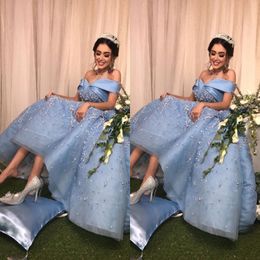 Dubai Light Blue Prom Dresses Luxury Pearls Beads Sequins Tulle Ball Gown Party Dresses Gorgeous Saudi Arabia Celebrity 2018 Prom Dress