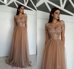 Cheap Charming Nude Tulle Appliques Evening Dresses Long 2021 Off Shoulder Prom Gowns Beaded Lace African Formal Party Dresses Zipper Back