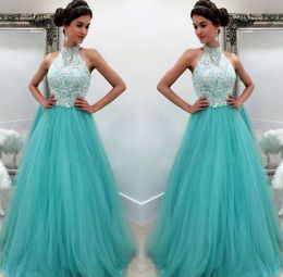 Aqua Prom Dresses 2019 Formal Evening Party Pageant A-line Gowns African Black Girl Halter Lace Long Cheap