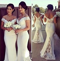 Elegant Long Formal Dresses for Women 2016 Lace Off Shoulder Mermaid Sweep Train Corset Bridesmaid Dresses Covered Button Back Sweep Train