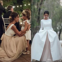 Sleeves Long Country Dresses with Satin Detachable Train Champagne Tulle Bridal Wedding Gowns Custom Made