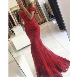 2018 Vintage Red Prom Gowns Vestidos De Fiesta Off the Shoulder Sweetheart Appliqued Lace Mermaid Short Sleeve Evening Dresses