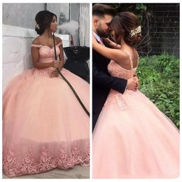 2019 Sexy Blush Pink Ball Gown Prom Dresses Appliques di pizzo Perline senza maniche Spaghetti Piano Lunghezza Dubai Sera Quinceanera Abiti da festa