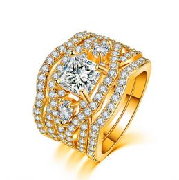 Wholesale Professional Luxury Jewelry 14KT White&Gold Fill Princess Cut White Topaz CZ Diamond Promise Micro 3 IN 1 Wedding Band Ring Gift